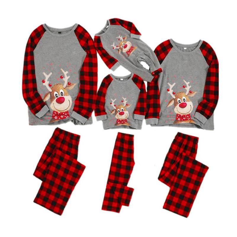 Classic Christmas Costume Family Matching Deer Plaid Print Pajamas Sets Round Neck Parent-child Clothing Xmas Pj's Clothes Homewear Sleepwear Loungewear Cotton Womenswear