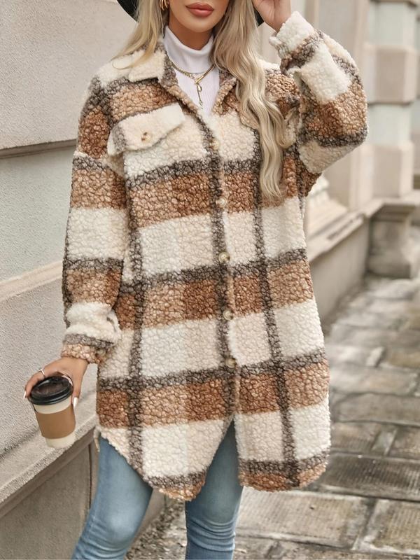 Women's Plaid Print Button Front Drop Shoulder Curved Hem Fuzzy Coat, Casual Flap Detail Long Sleeve Collared Outerwear for Fall & Winter, Coats for Winter Women 2024, Ladies Clothes for Daily Wear