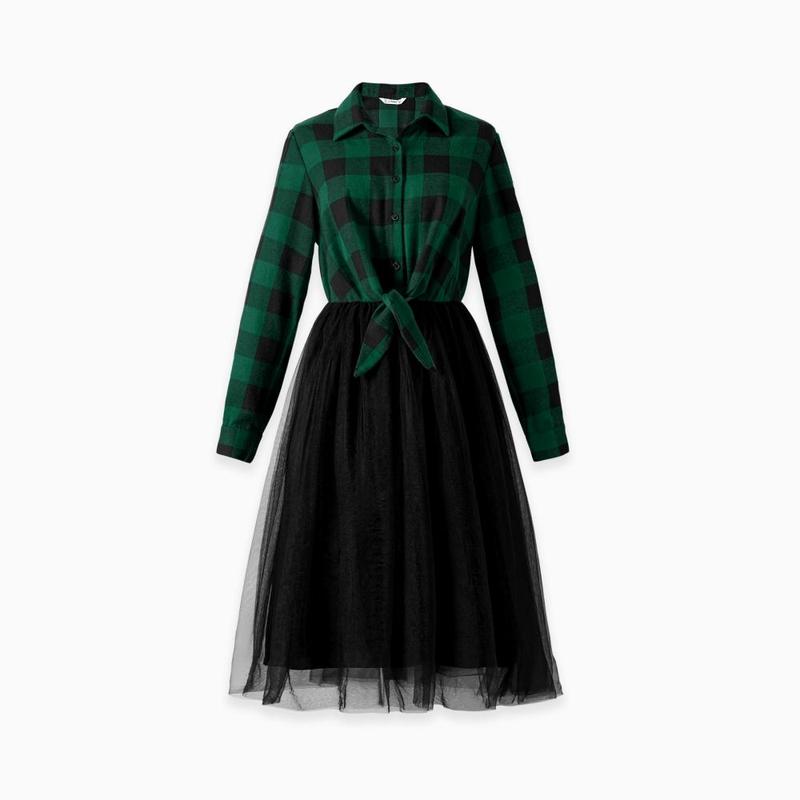 PatPat Family Matching Sets Green Plaid Long Sleeves Shirt or Tulle Mesh Dress