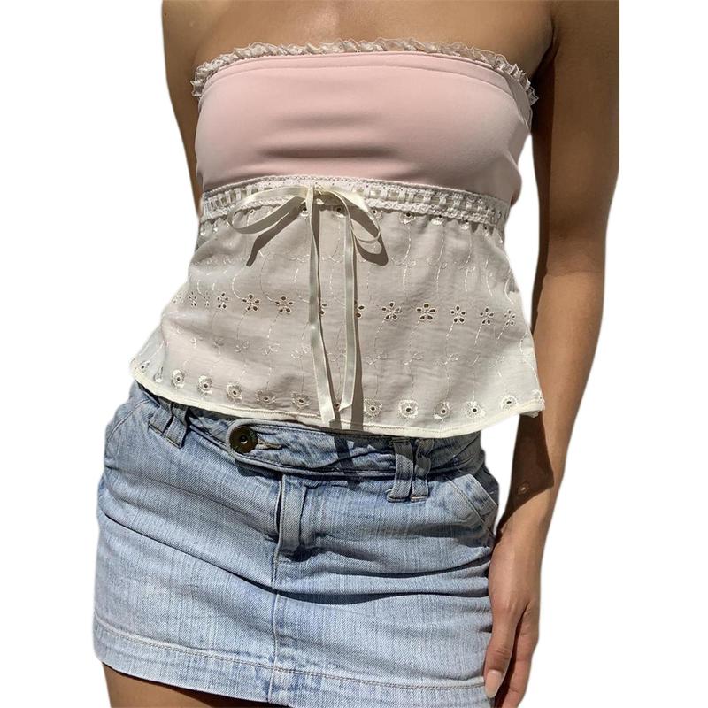 Women Tube Top, Strapless Backless Lacing Hollowed Patchwork Summer Ladies Vest for Club Party