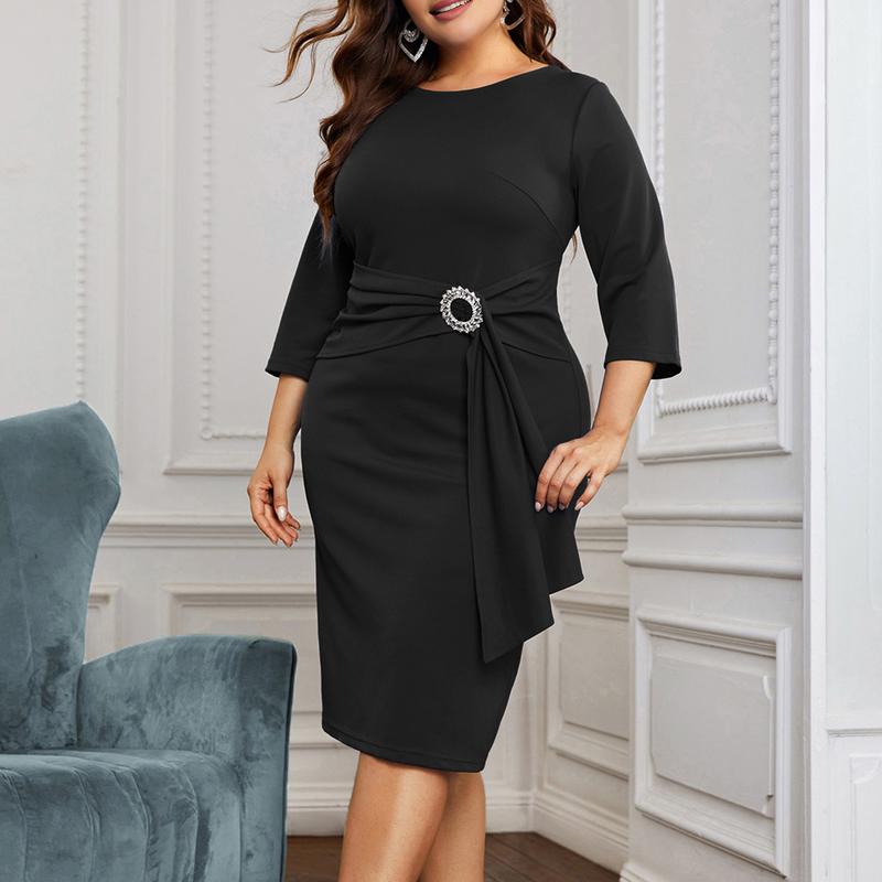 Women Plus Size Sash Decorated Party Dress 3 S Sleeve Crew Neck Dress