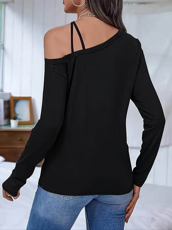 Women's Plain Off Shoulder Tee, Casual Long Sleeve T-shirt for Daily Wear, Ladies Clothes for All Seasons