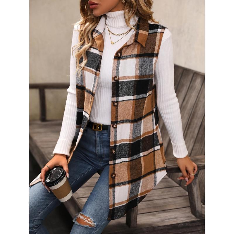 Vibrant Plaid Print Vest Jacket - Women's Sleeveless Casual Gilet for Fall & Spring - Flap Detail, Button Front, Comfortable, Stylish, and Versatile