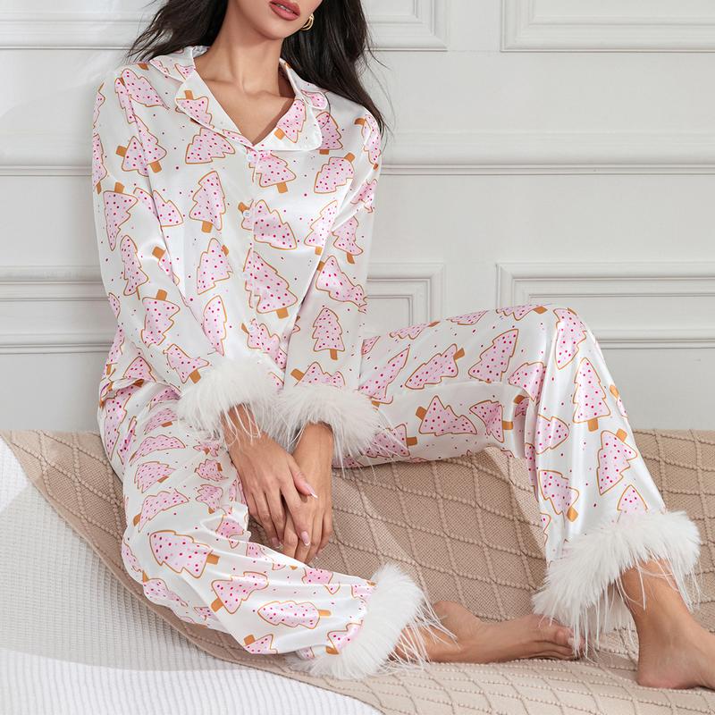 Women Christmas Pajamas, Lounge Set Santa Christmas Tree Boots Print Shirts Tops and Pants, 2 Piece Loungewear Outfits,Nightwear Long Sleeve