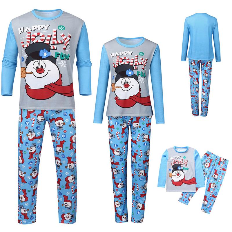 Matching Christmas Pajamas For Family, Cartoon Snowman Pattern Long Sleeve Tops+Long Pants Womenswear Casual