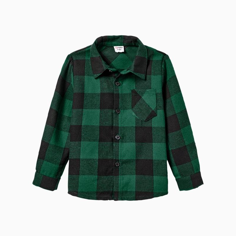 PatPat Family Matching Sets Green Plaid Long Sleeves Shirt or Tulle Mesh Dress