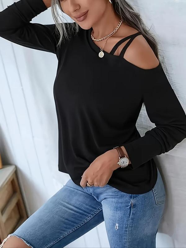 Women's Plain Off Shoulder Tee, Casual Long Sleeve T-shirt for Daily Wear, Ladies Clothes for All Seasons