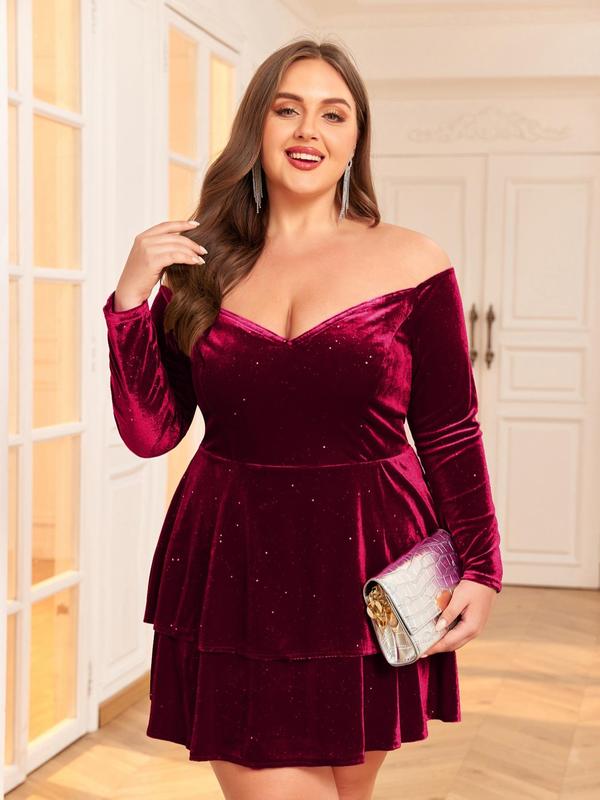  Off The Shoulder Contrast Sequin Velvet Party Dress, Elegant Ruffle Hem Backless Tiered Layer Dress for Party Evening Formal Occasions, Women's Clothes for Summer