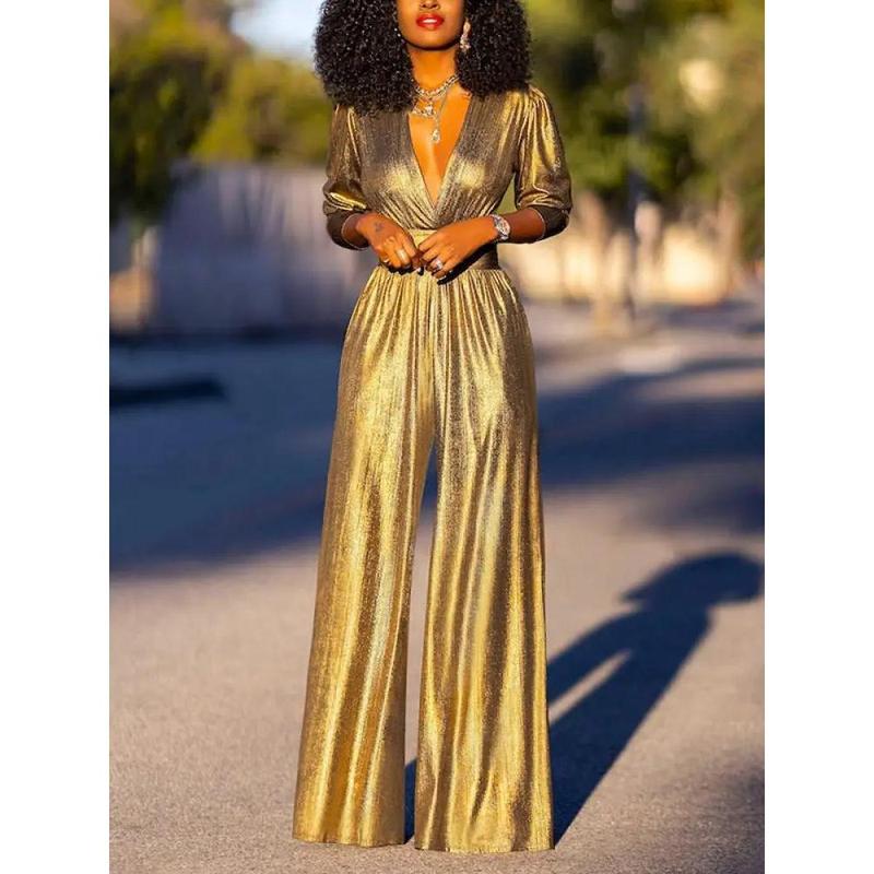 Solid Color Jumpsuit; Deep V-neck; Three-Quarter Sleeves; High Waist, Wide Leg