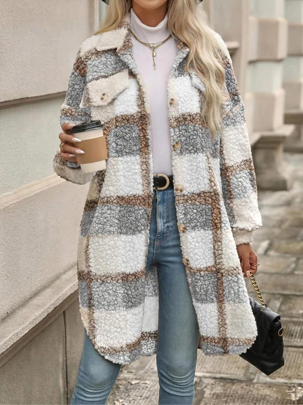 Women's Plaid Print Button Front Drop Shoulder Curved Hem Fuzzy Coat, Casual Flap Detail Long Sleeve Collared Outerwear for Fall & Winter, Coats for Winter Women 2024, Ladies Clothes for Daily Wear