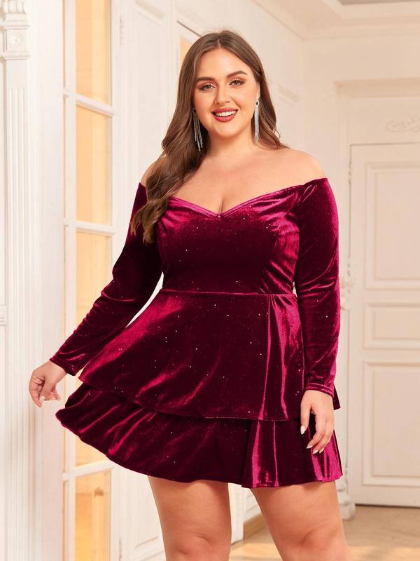  Off The Shoulder Contrast Sequin Velvet Party Dress, Elegant Ruffle Hem Backless Tiered Layer Dress for Party Evening Formal Occasions, Women's Clothes for Summer