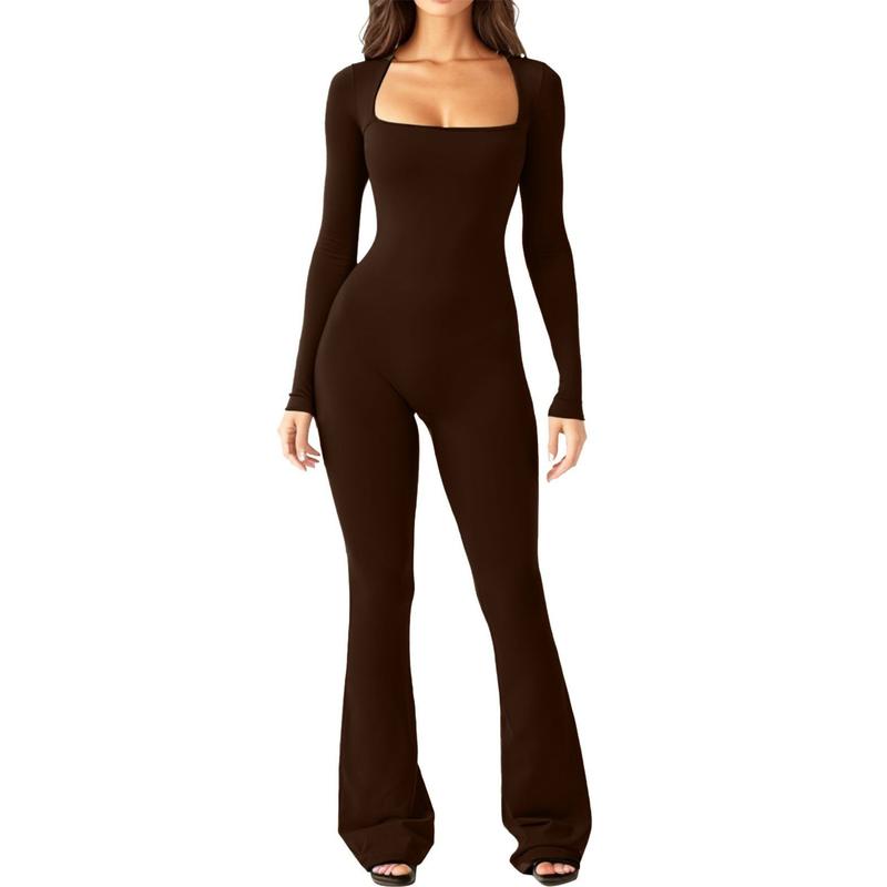 Women's Long Sleeve Belly Tie Waist Hip Lift Square Neck Wide Leg High Elastic Jumpsuit