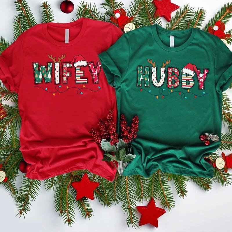 [ Sale Up To 65%] Christmas Hubby And Wifey 2024 Shirt, Bride and Groom Shirt, Wedding Gifts, Husband and Wife Shirt, First Christmas Couple Gifts, Xmas Gifts