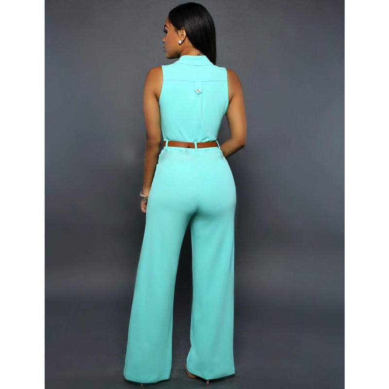 Single-breasted high-waisted hip lift wide-leg sexy stand-up collar women's jumpsuit with belt