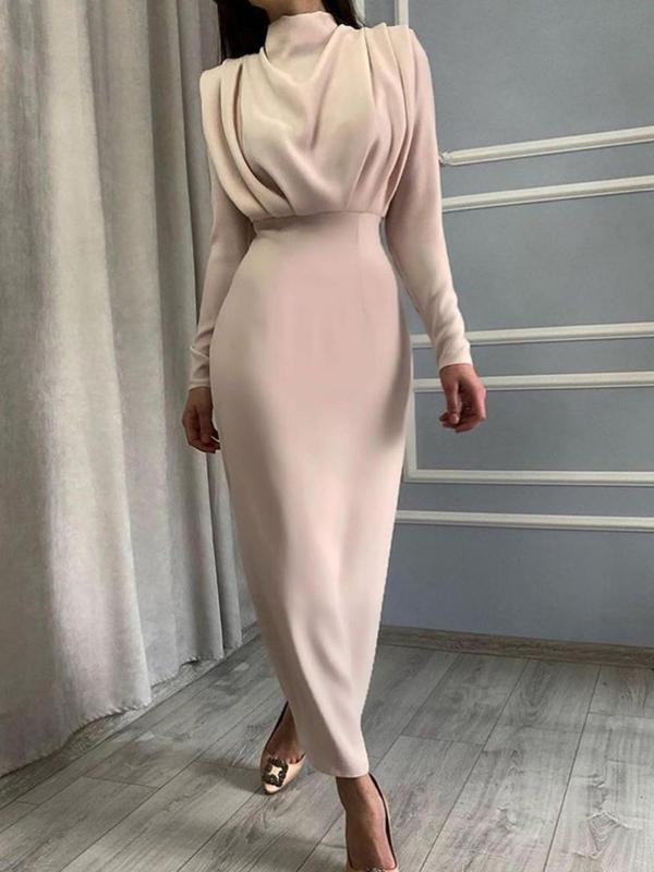 Women's Plain Ruched Stand Collar Dress, Elegant Long Sleeve Long Dress for Party Holiday Wedding Guest, Ladies Fall & Winter Clothes