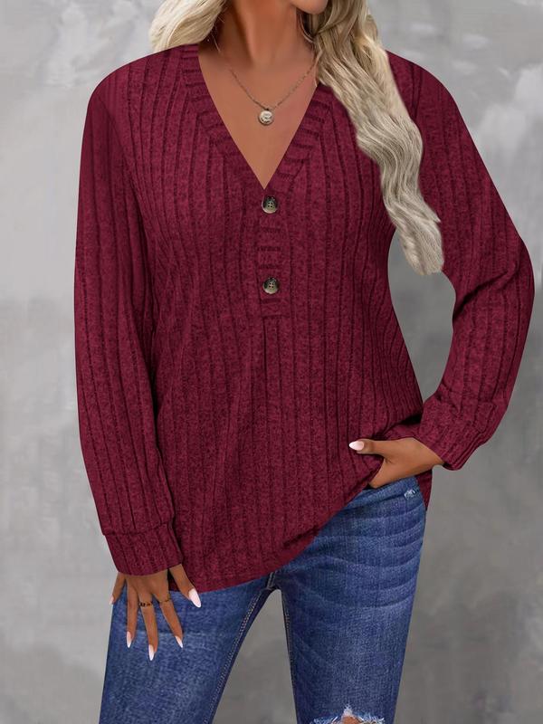  Solid V Neck Button Tee, Casual Long Sleeve T-shirt for Fall & Winter, Women's Clothing for Daily Wear