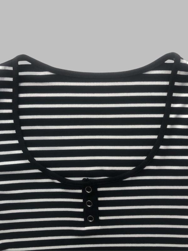 Women's Striped Print Button Scoop Neck Tee, Casual Long Sleeve T-shirt for Spring & Fall, Women's Top for Daily Wear