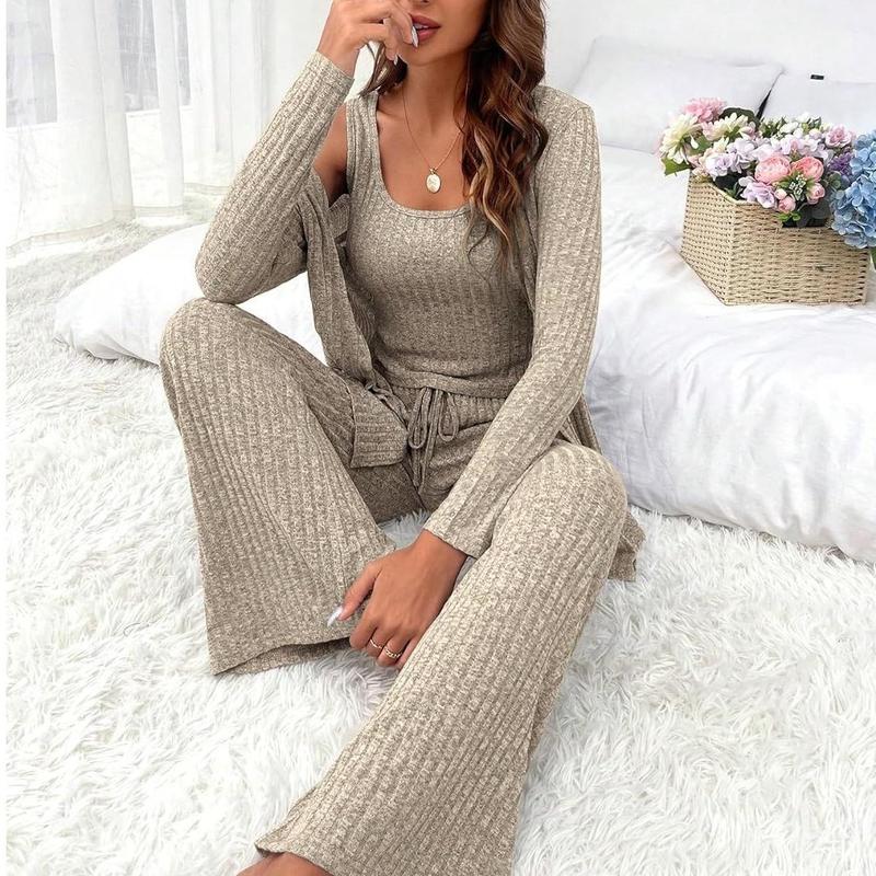 Lounge Sets 3 Piece Pajamas Set Open Front Cardigan Tank Tops Pants Loungewear Nightwear Soft