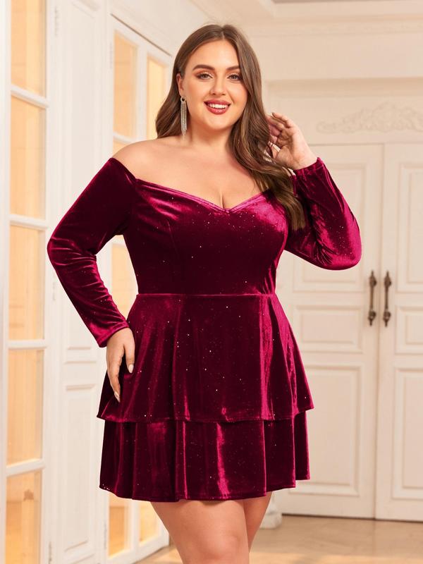  Off The Shoulder Contrast Sequin Velvet Party Dress, Elegant Ruffle Hem Backless Tiered Layer Dress for Party Evening Formal Occasions, Women's Clothes for Summer