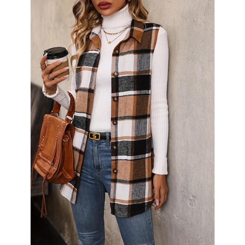 Vibrant Plaid Print Vest Jacket - Women's Sleeveless Casual Gilet for Fall & Spring - Flap Detail, Button Front, Comfortable, Stylish, and Versatile