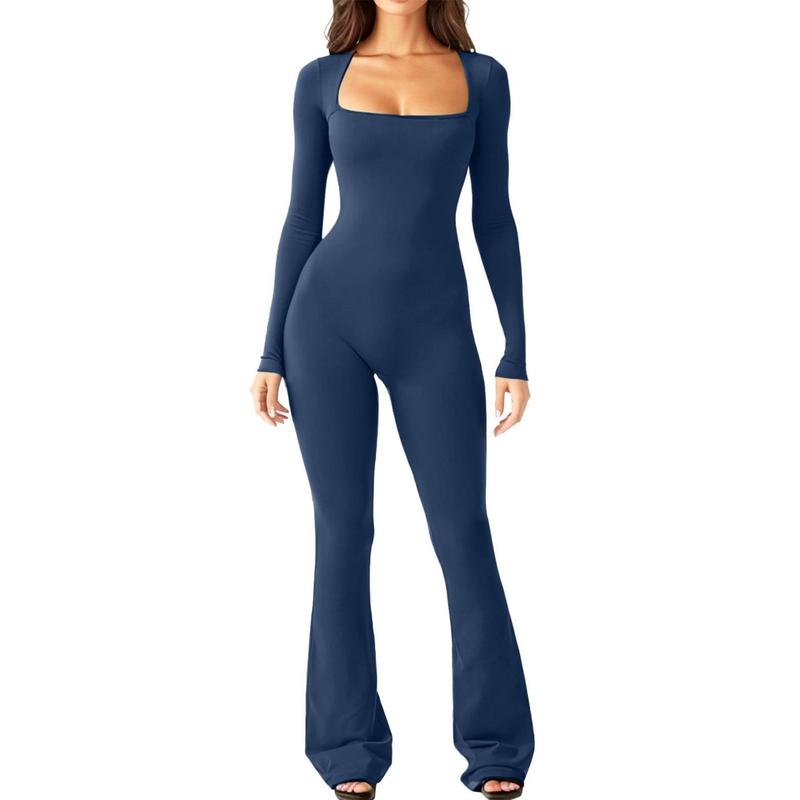 Women's Long Sleeve Belly Tie Waist Hip Lift Square Neck Wide Leg High Elastic Jumpsuit