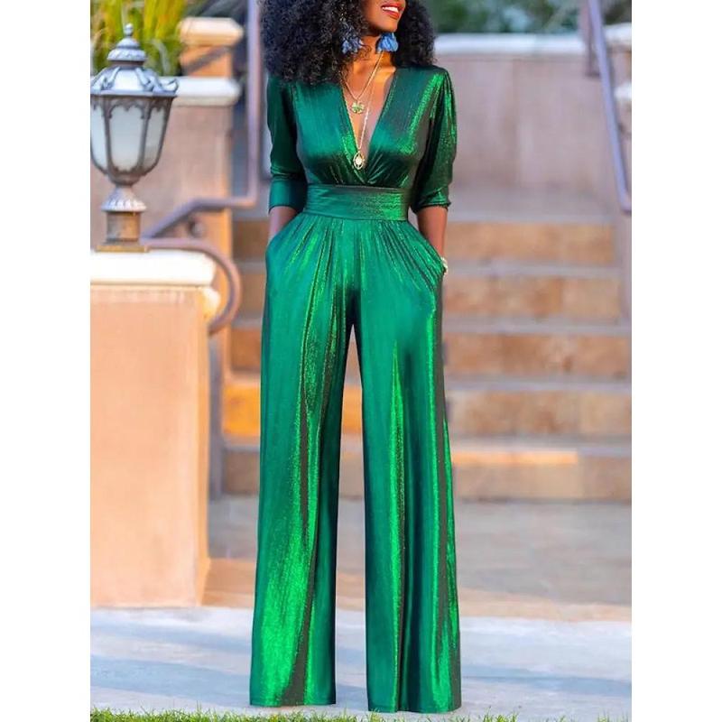 Solid Color Jumpsuit; Deep V-neck; Three-Quarter Sleeves; High Waist, Wide Leg