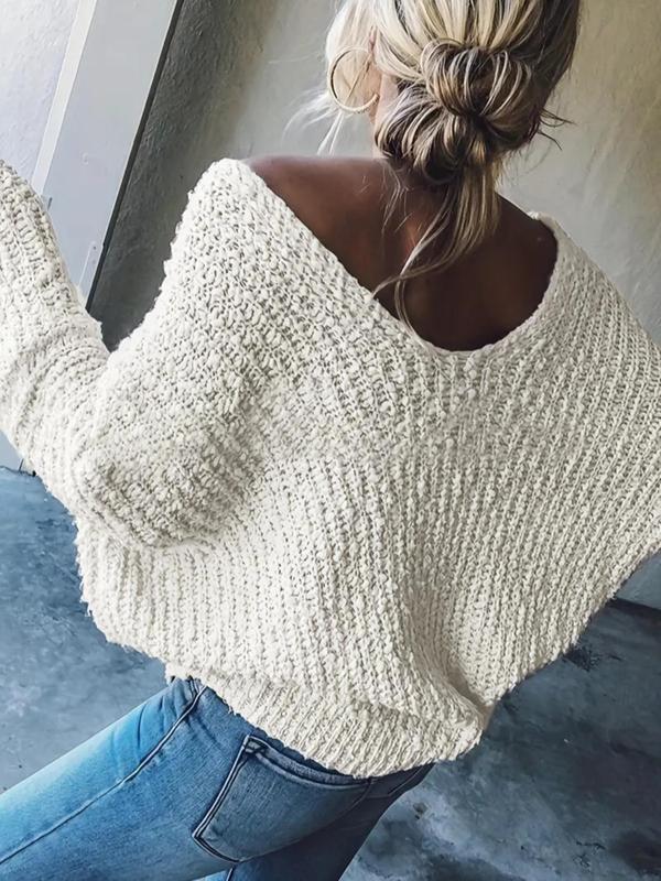 Women's Solid Drop Shoulder Sweater, Casual Long Sleeve V Neck Jumper for Spring & Fall, Fashion Women's Knitwear for Daily Wear, Comfort Womenswear, Fall Clothing