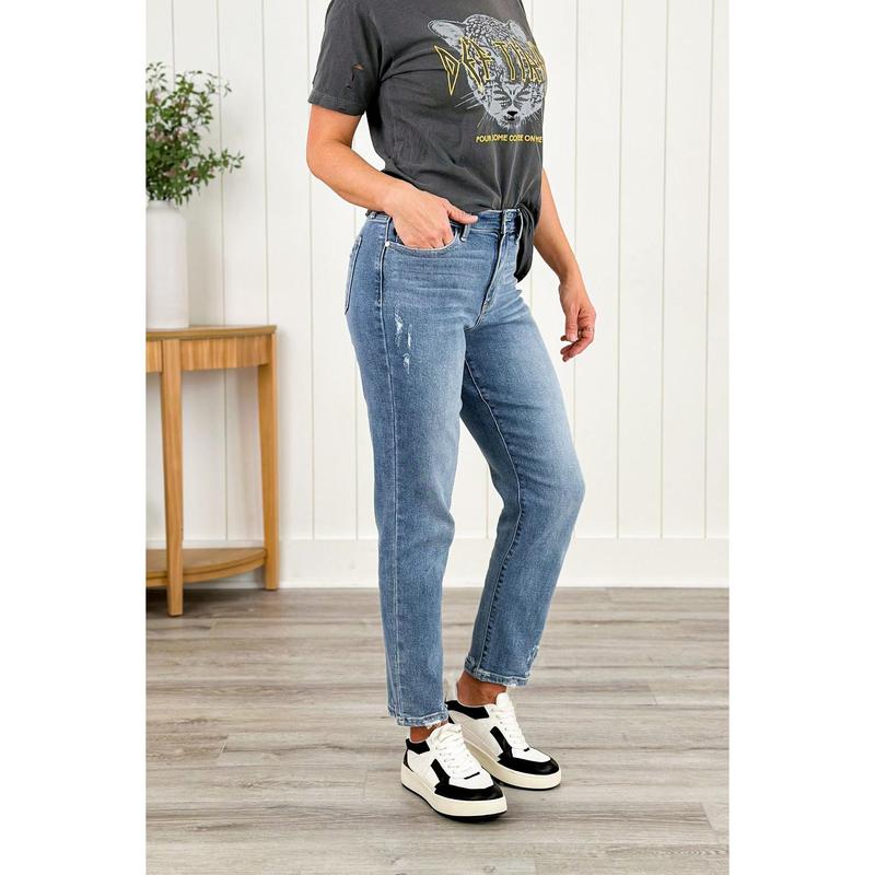 Judy Blue Casual Comfort High Rise Medium Wash Distressed Slim Leg Jeans With Back Dart Hem