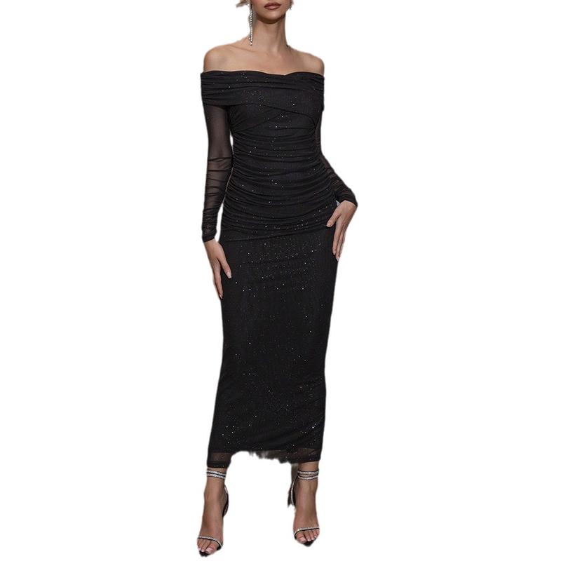 New European and American Sexy Temperament Style Dress Tube Top Long Sleeve Mesh Toast Clothing Long Dress