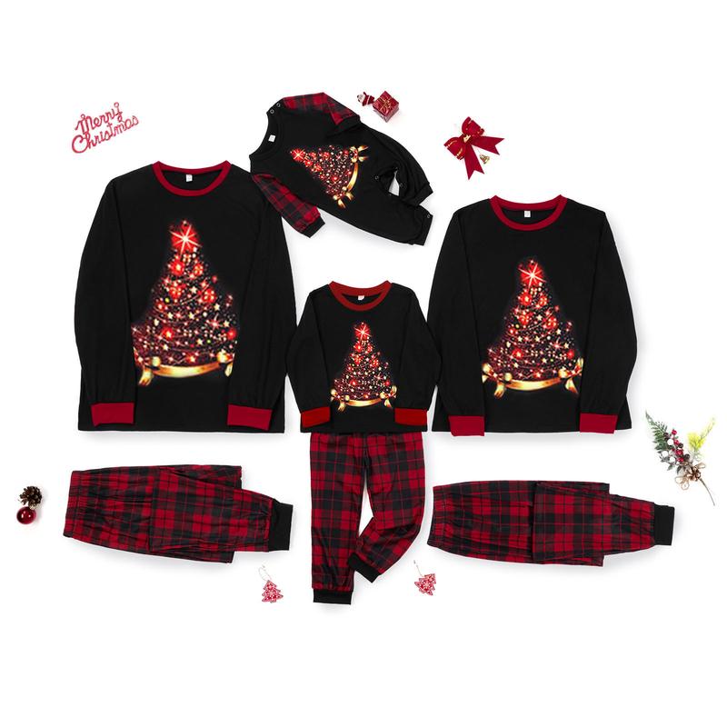 Hot Christmas Family Pajamas Matching Set Elk Print Long Sleeve Tops and Stretch Plaid Pants Sleepwear Soft Nightwear