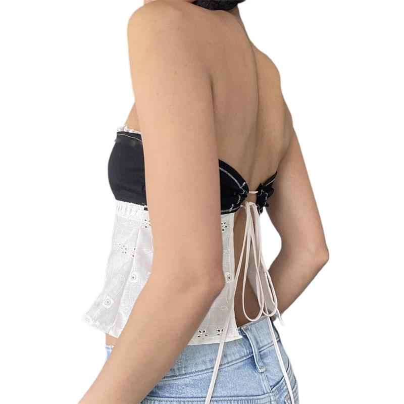 Women Tube Top, Strapless Backless Lacing Hollowed Patchwork Summer Ladies Vest for Club Party