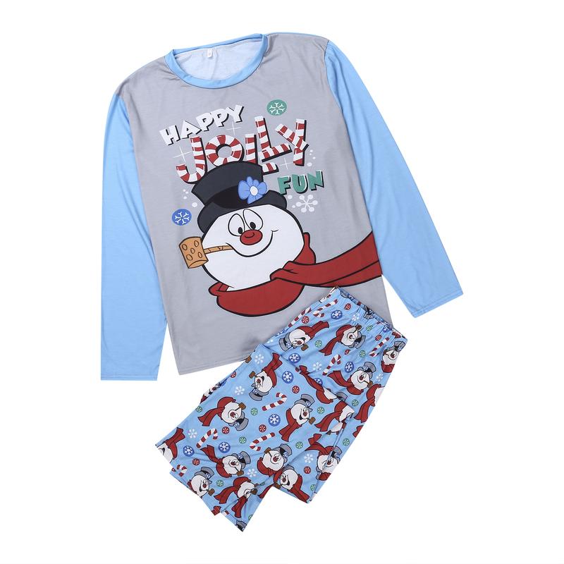 Matching Christmas Pajamas For Family, Cartoon Snowman Pattern Long Sleeve Tops+Long Pants Womenswear Casual