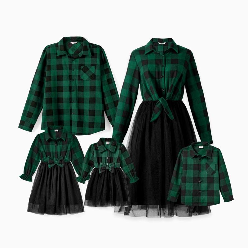 PatPat Family Matching Sets Green Plaid Long Sleeves Shirt or Tulle Mesh Dress