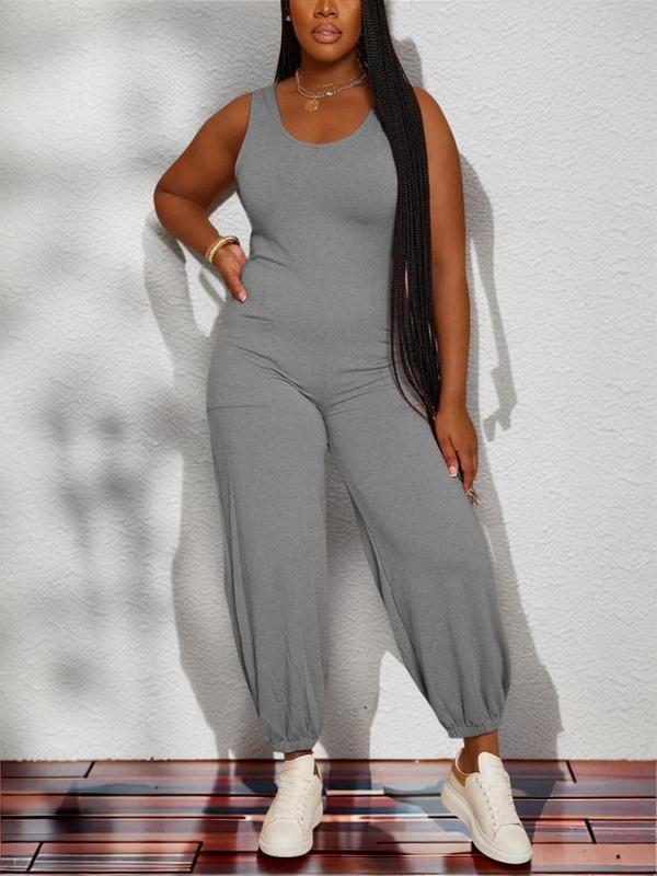 Women's Solid Dual Pocket Jumpsuit, Summer Clothes Women, Casual Sleeveless Tank Jumpsuit for Spring & Summer, Summer Jumpsuits for Women, Jumpsuit for Women