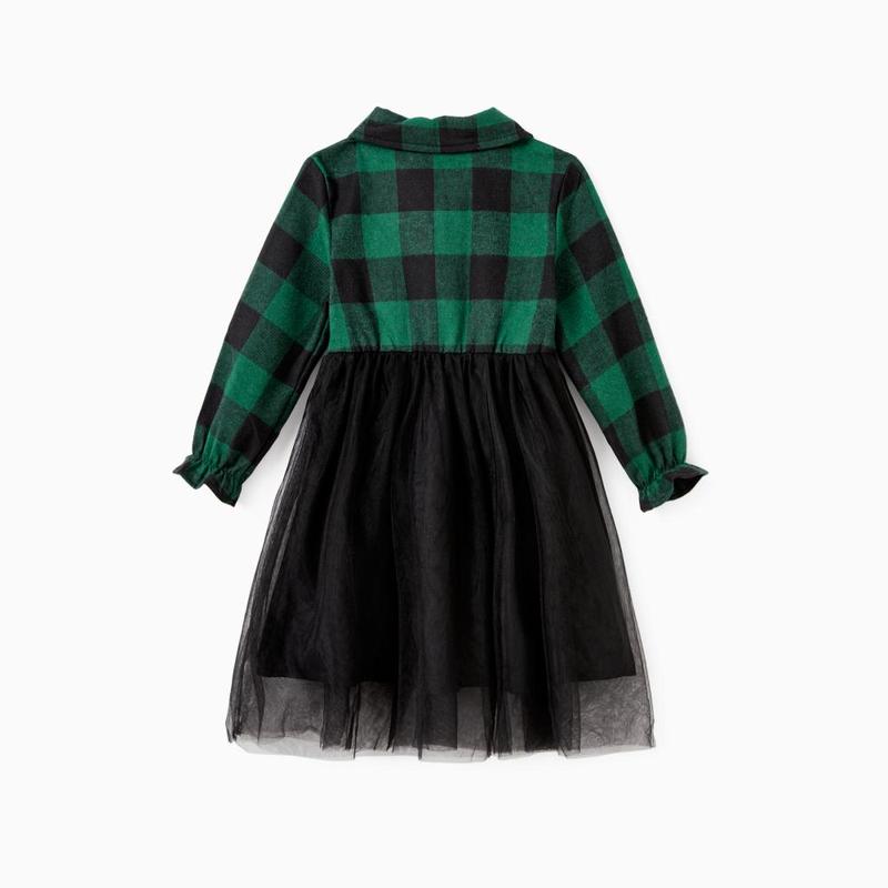 PatPat Family Matching Sets Green Plaid Long Sleeves Shirt or Tulle Mesh Dress