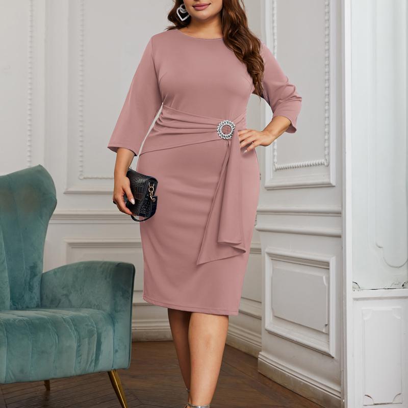 Women Plus Size Sash Decorated Party Dress 3 S Sleeve Crew Neck Dress