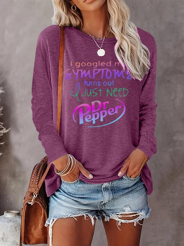 Women's Letter Print Round Neck Tee, Casual Long Sleeve Crew Neck T-shirt for Fall & Winter, Women's Top for Daily Wear