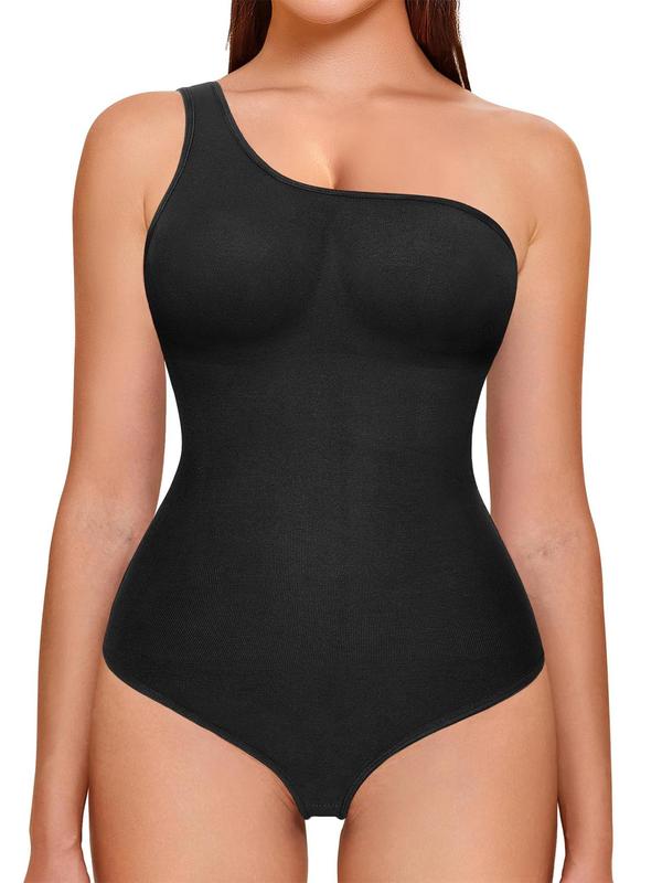 Women's One Shoulder High Stretch Shapewear Bodysuit, Summer Clothes Women, Solid Color Bodycon Shapewear, Ladies Clothes for Summer Holiday, Comfort Underwear & Womenswear