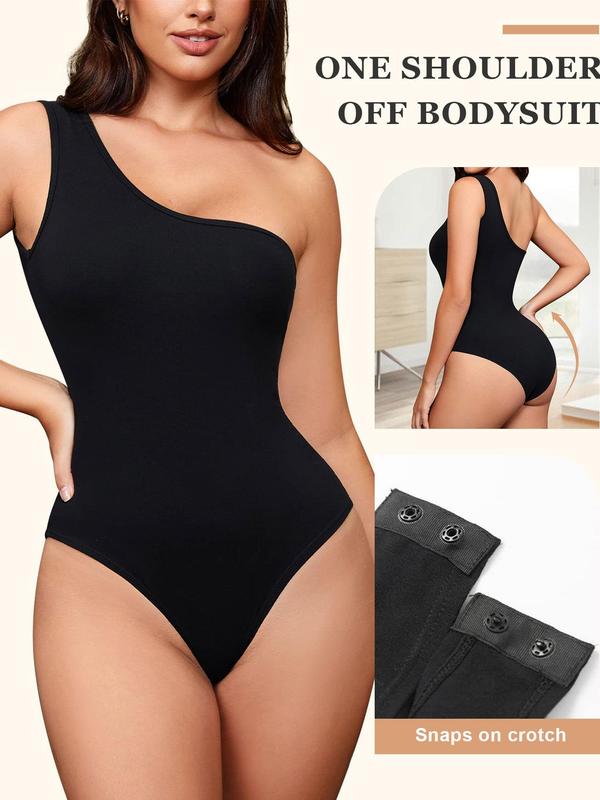 Women's One Shoulder High Stretch Shapewear Bodysuit, Summer Clothes Women, Solid Color Bodycon Shapewear, Ladies Clothes for Summer Holiday, Comfort Underwear & Womenswear