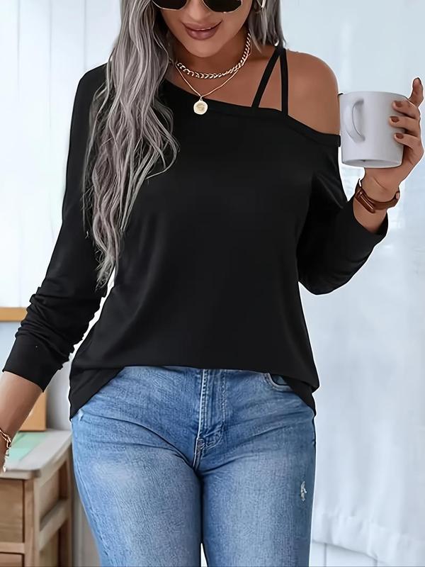 Women's Plain Off Shoulder Tee, Casual Long Sleeve T-shirt for Daily Wear, Ladies Clothes for All Seasons