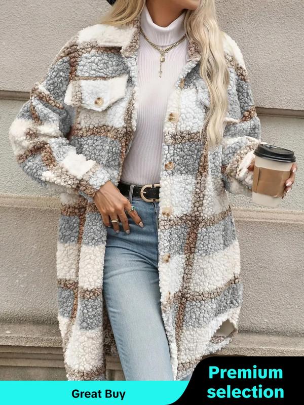 Women's Plaid Print Button Front Drop Shoulder Curved Hem Fuzzy Coat, Casual Flap Detail Long Sleeve Collared Outerwear for Fall & Winter, Coats for Winter Women 2024, Ladies Clothes for Daily Wear