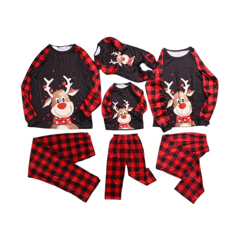 Classic Christmas Costume Family Matching Deer Plaid Print Pajamas Sets Round Neck Parent-child Clothing Xmas Pj's Clothes Homewear Sleepwear Loungewear Cotton Womenswear