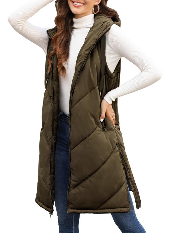 Women's Solid Zip Up Quilted Hooded Vest Coat, Casual Pocket Drawstring Sleeveless Outerwear for Fall & Winter, Women's Clothes for Daily Wear