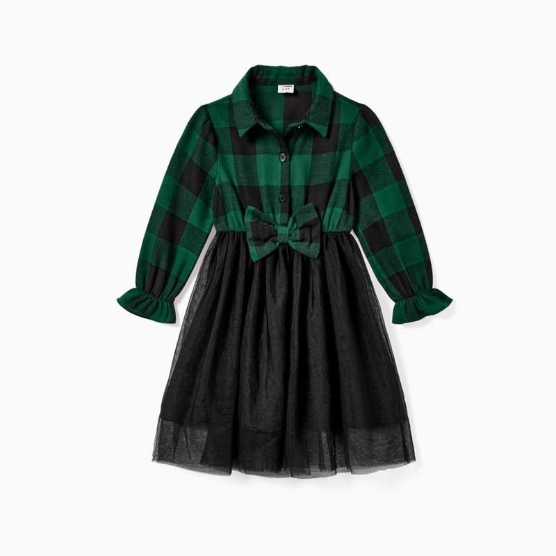 PatPat Family Matching Sets Green Plaid Long Sleeves Shirt or Tulle Mesh Dress