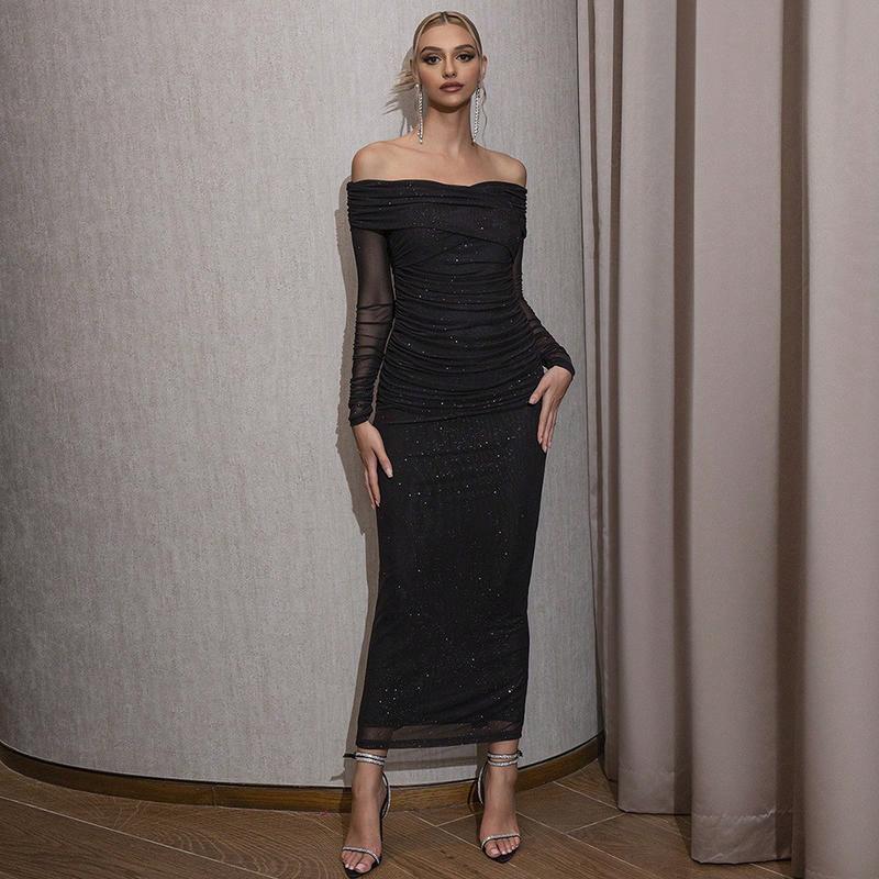 New European and American Sexy Temperament Style Dress Tube Top Long Sleeve Mesh Toast Clothing Long Dress