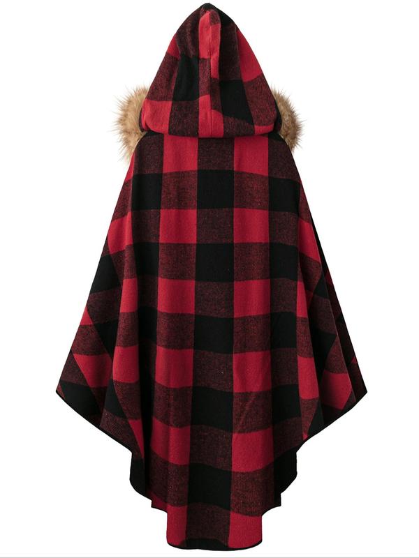  Plaid Print Contrast Faux Fur High Low Cape Coat, Casual Cloak Long Sleeve Outerwear for Fall & Winter, Women's Clothes for Daily Wear