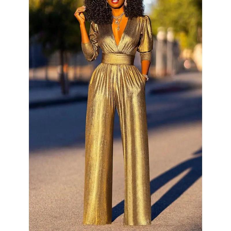 Solid Color Jumpsuit; Deep V-neck; Three-Quarter Sleeves; High Waist, Wide Leg