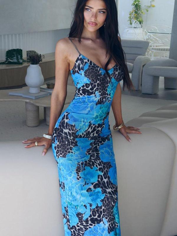 Women's Leopard & Floral Print Cami Dress, Fashion Casual Sleeveless Bodycon Maxi Dress for Party Club Dating Wear, Ladies Summer Clothes