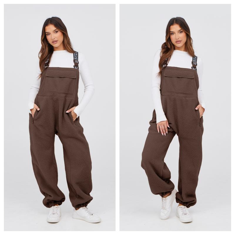 Tanming Womens Fleece Overalls 2024 Warm Winter Casual Loose Jumpsuits Sherpa Bib Overalls Fuzzy Ski Pants with Pockets