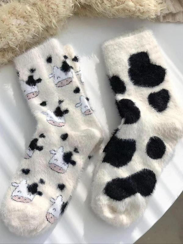 Women's Cute Cow Print Fuzzy Socks, Warm Crew Socks for Daily Wear, Casual Comfy Socks for Fall & Winter, Summer Wear 2024, Trendy Matching Knitting Socks, Fluffy Pajamas Womenswear